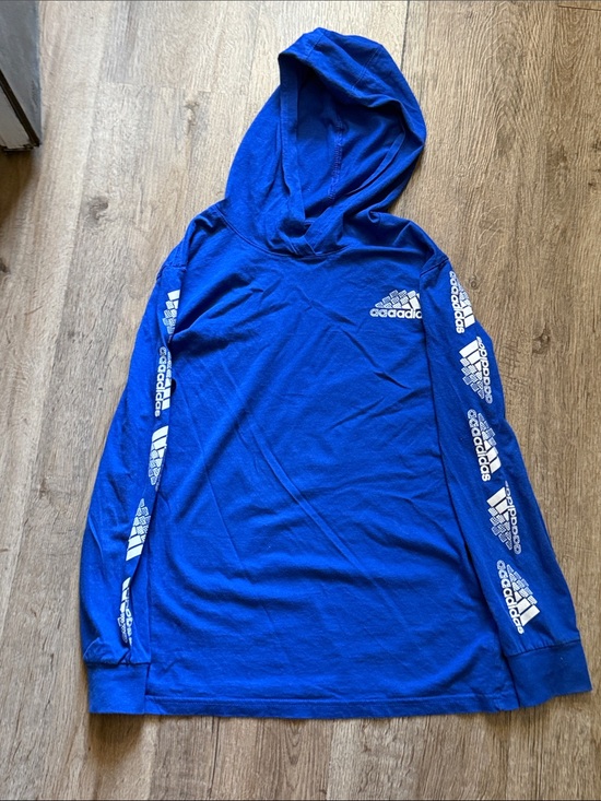 adidas Other - Adidas Boys Youth Hoodie M 10/12 Blue 100% Cotton Logo Print Sleeves Pullover